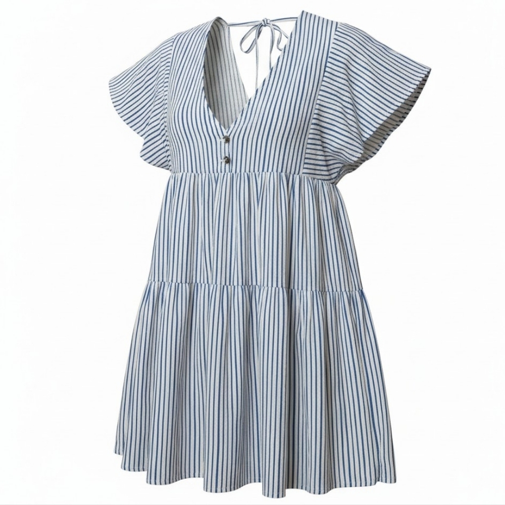 ZARA | Linen‎ Blend Blue White Striped Tiered Mini Dress Beachy Swim Cover | S